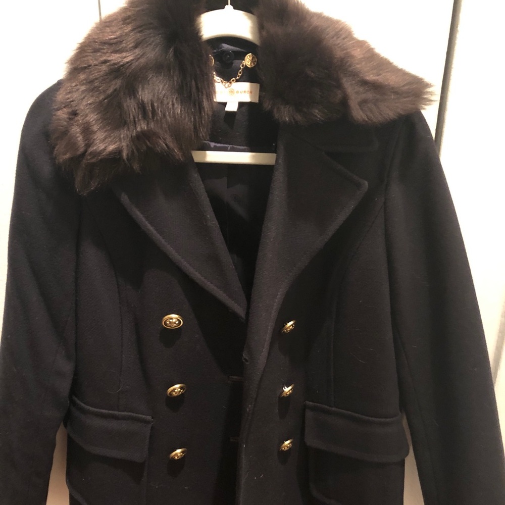 Navy Tory Burch Peacoat with Fur Collar